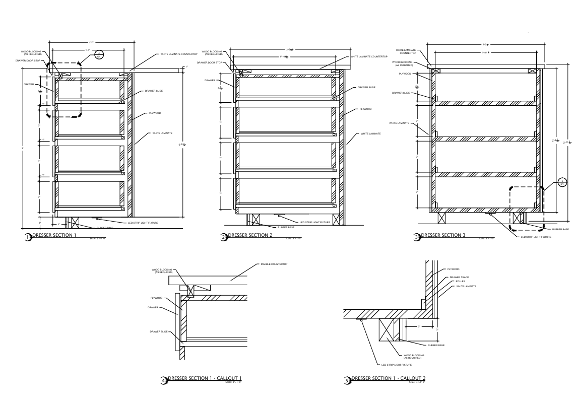 Dresser: This detailed drawing illustrates the construction and joinery of a custom-built dresser, including elevation, section, and material callouts. Designed for both functionality and style, the piece integrates seamlessly with the luxury interior.