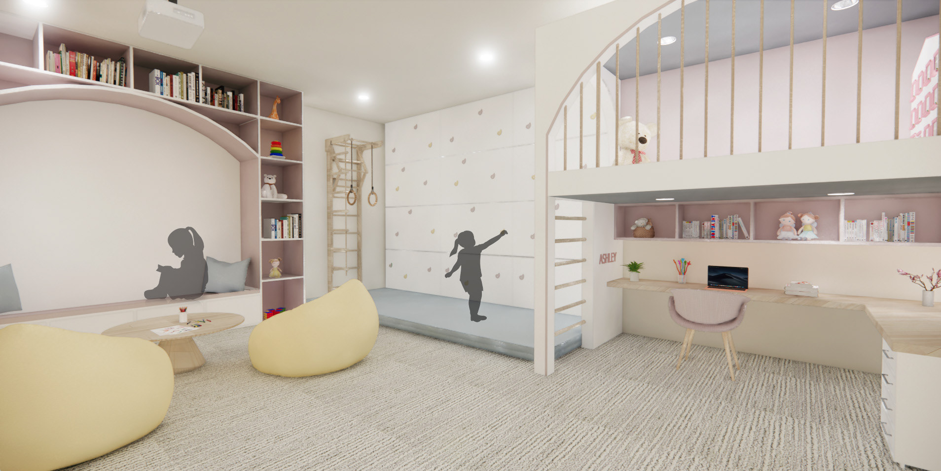 Play Room: A playful retreat in the lower level where  laughter and creativity fill every corner. Custom  built-in storage keeps everything organized, while  soft pastel tones harmonize with neutral accents,  perfectly balancing with the rest of the home. 