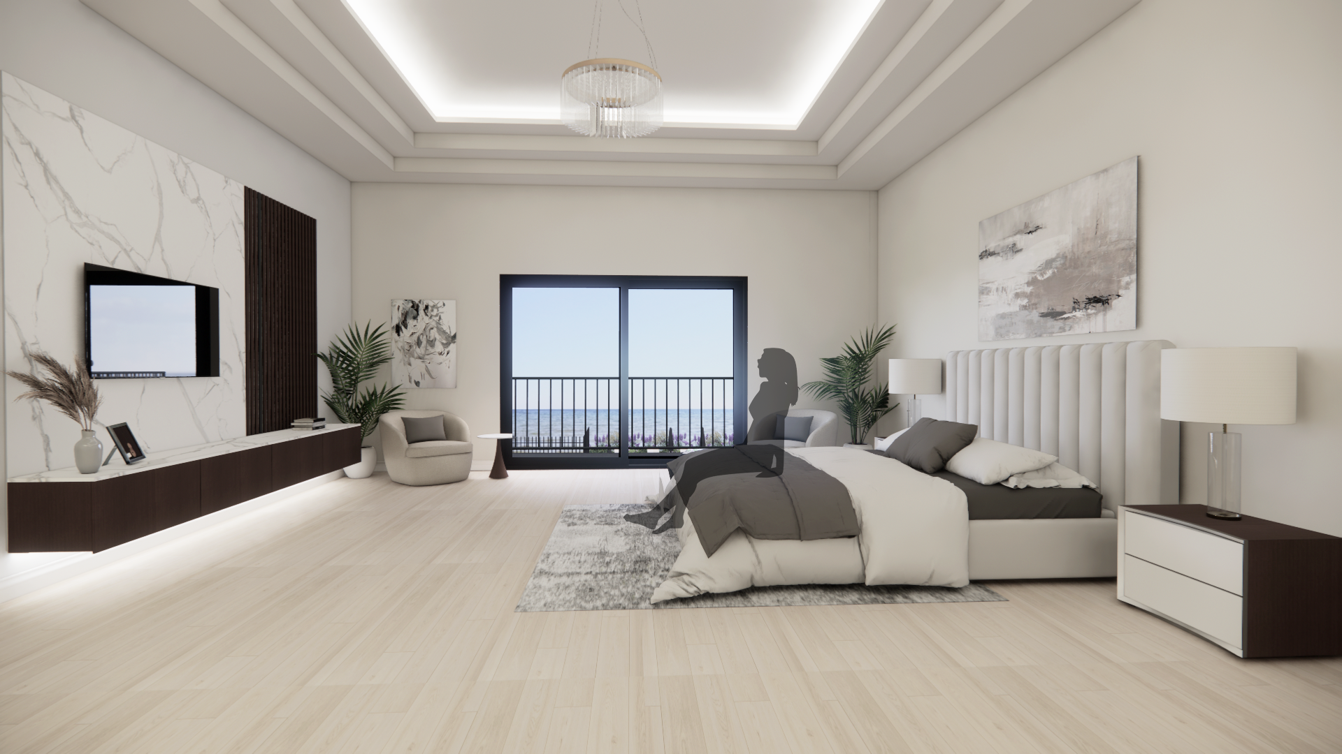 Master Bedroom:  Designed for ultimate relaxation,  offering peaceful lake views to start every morning.  The custom-designed TV stand brings a unique flair,  and the graceful chandelier adds a touch of luxury. 