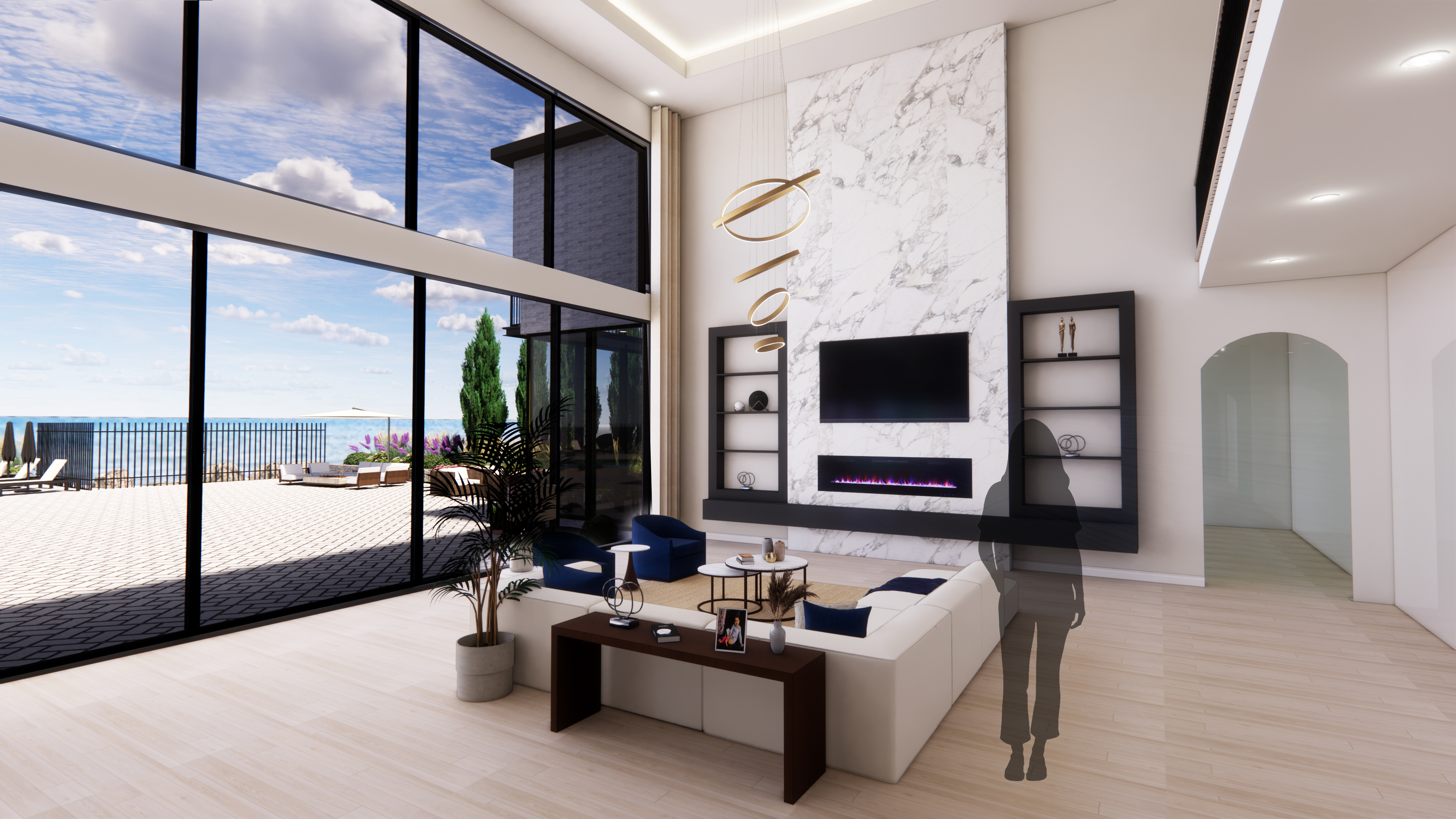 Family Room: Where luxury meets comfort, offering  stunning views at the heart of the home. A striking  wall-mounted fireplace serves as the focal point, while  sliding doors open to the outdoors, enhancing the  sense of space and tranquility.