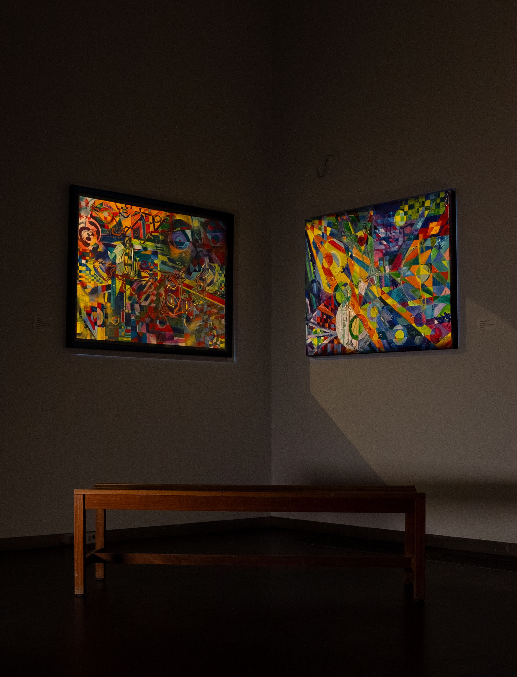 Installation view of "Enigma 1" (left) and "Enigma's Return" (right) by Star Ross.