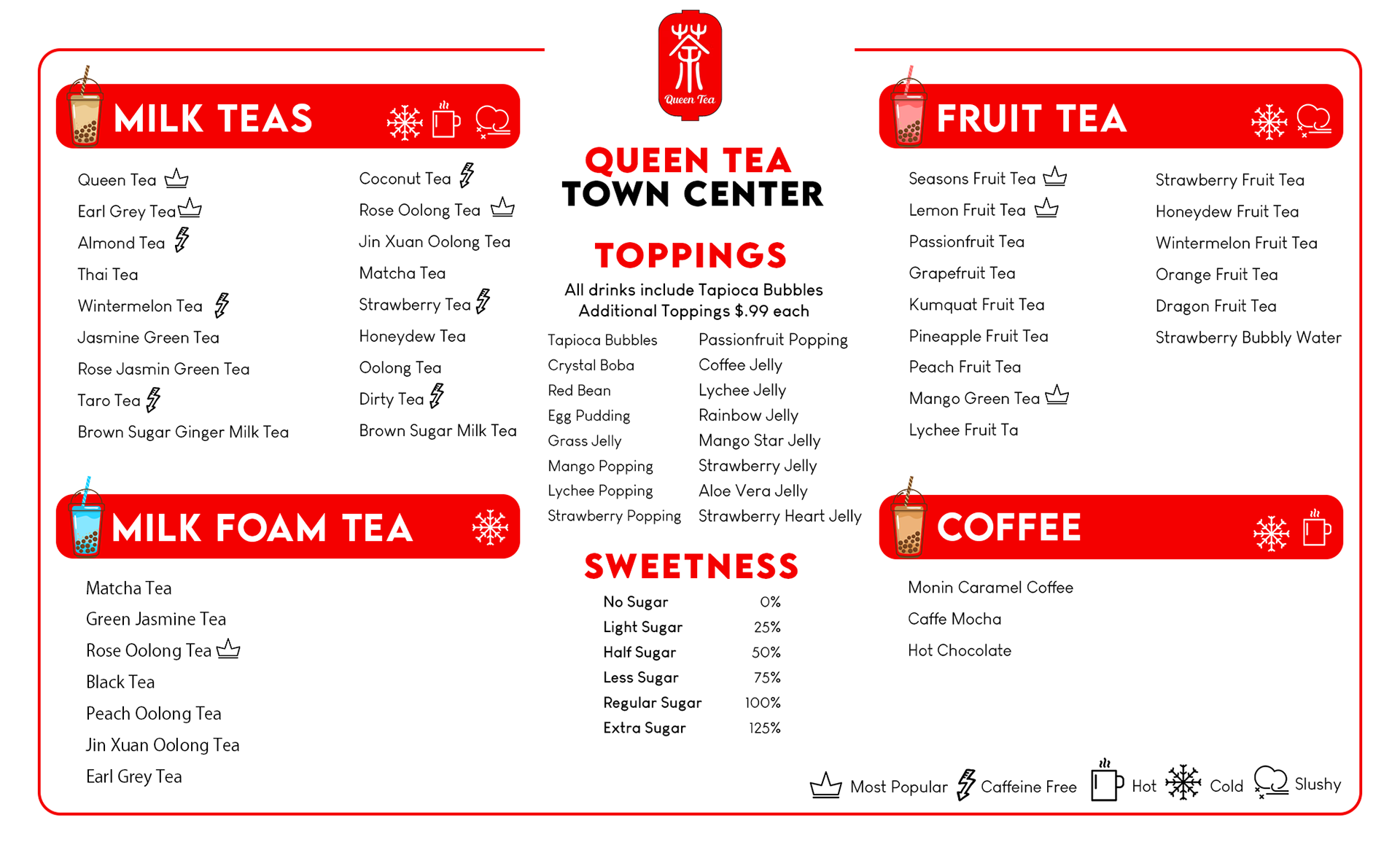 The first board of the redesigned menu. The flavors for teas and toppings are listed on a red and white color scheme.