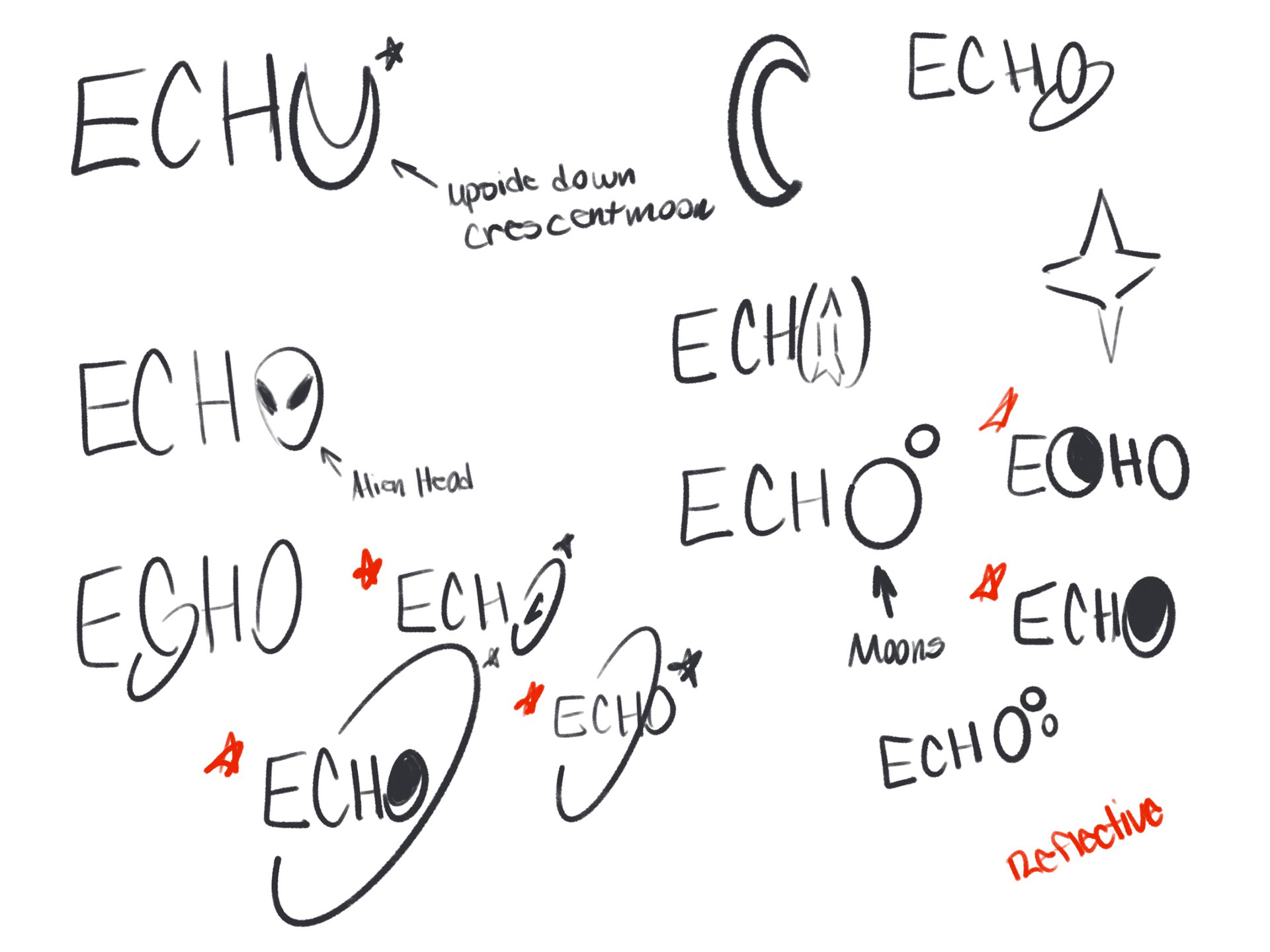 Numerous sketches of the ECHO logo in black and white.