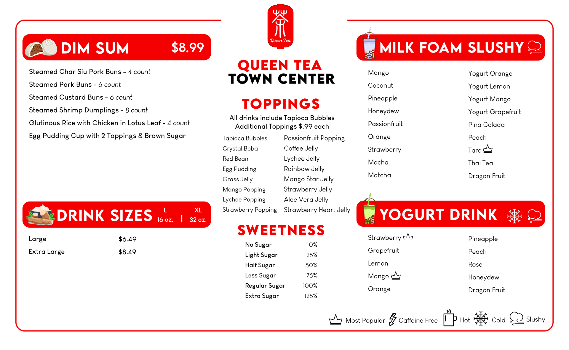 The second artboard of the redesigned menu in a red and white color scheme. The dim sum and drink sizes are listed.