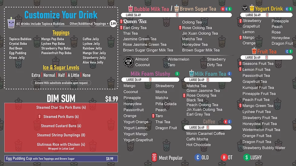 The original Queen Tea menu at Kennesaw. There is many sections listing different flavors and toppings for boba.