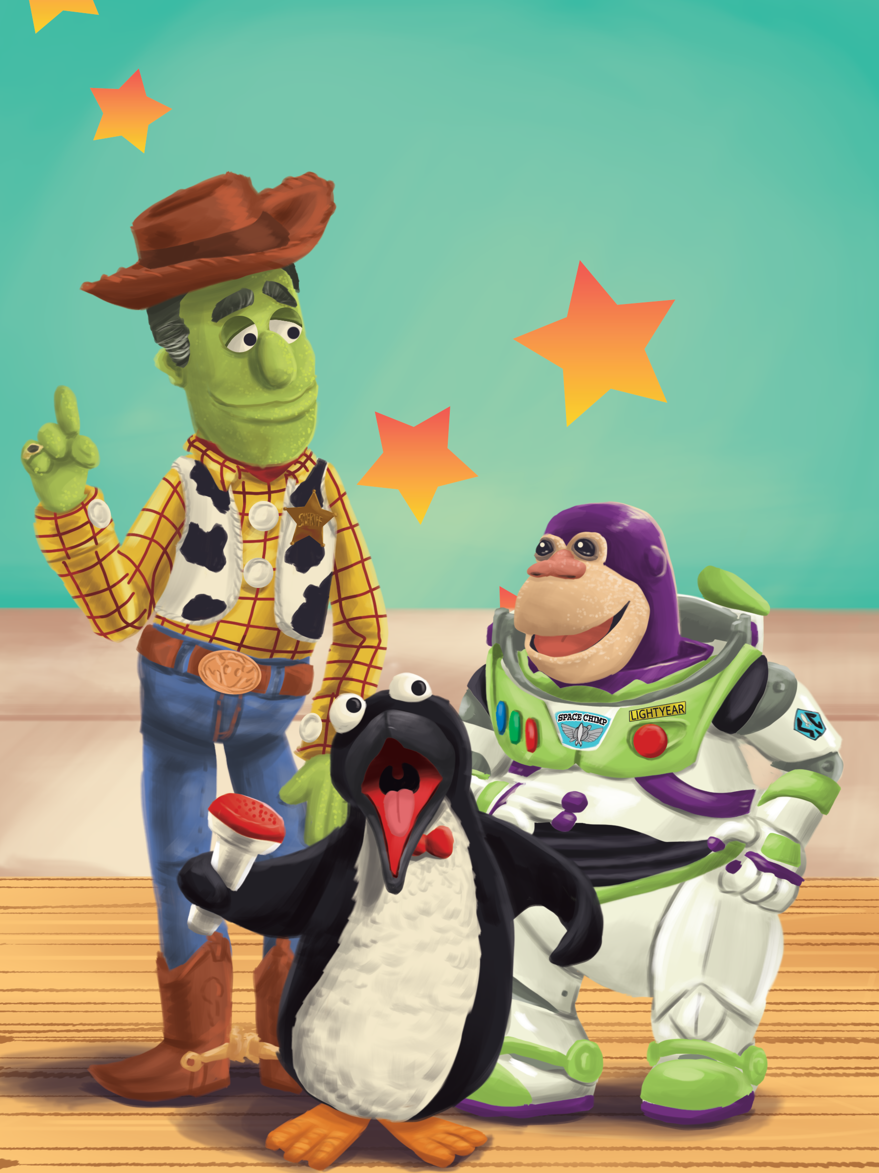 "You've Got a Friend in Me" sung by Woody Fiama, Sal Lightyear, and Wheezy Penguin