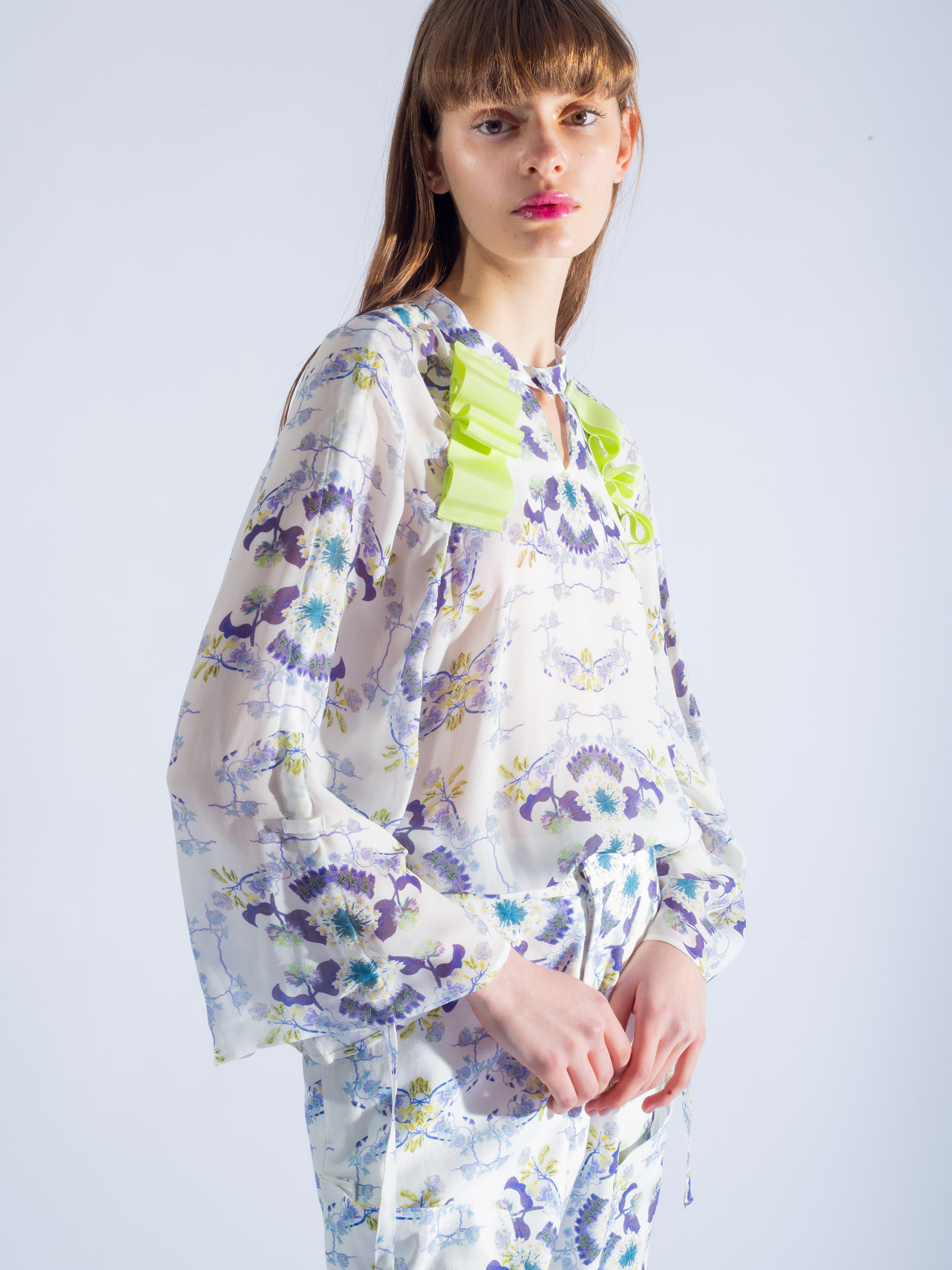 Drawstring blouse design with floral chinoiserie