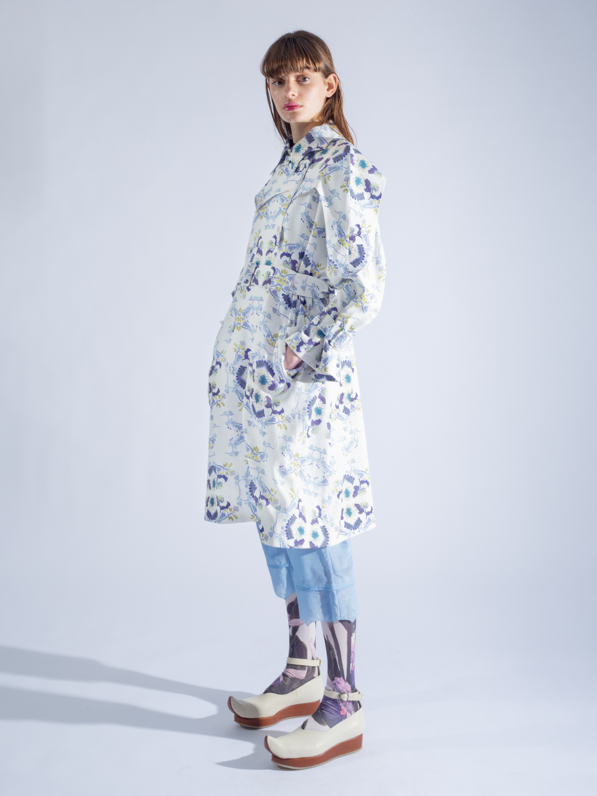 Trench coat designed with floral chinoiserie pattern