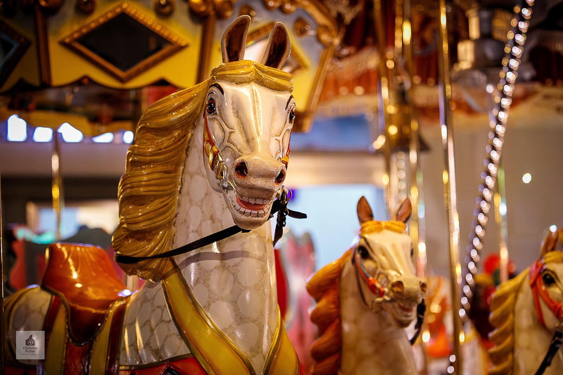 Die Pferde stürmen dahin, auf dem Kinderkarussell. Ich nehme mir vor, bei der nächsten Gelegenheit mit der Belichtungszeit zu spielen. [Soester Kirmes 2023]