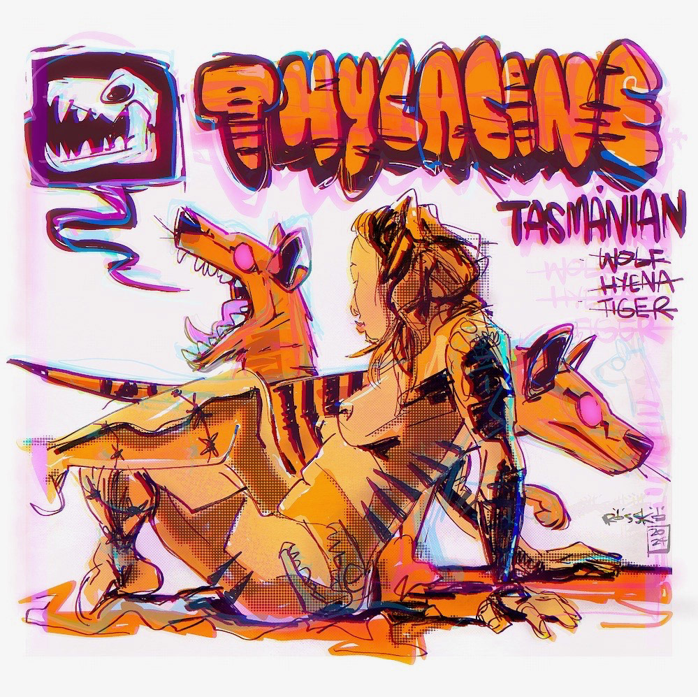 Thylacine - Black Ink, Highlighters and Digital - Personal Illustration from my "Australian Creatures" series - 2024