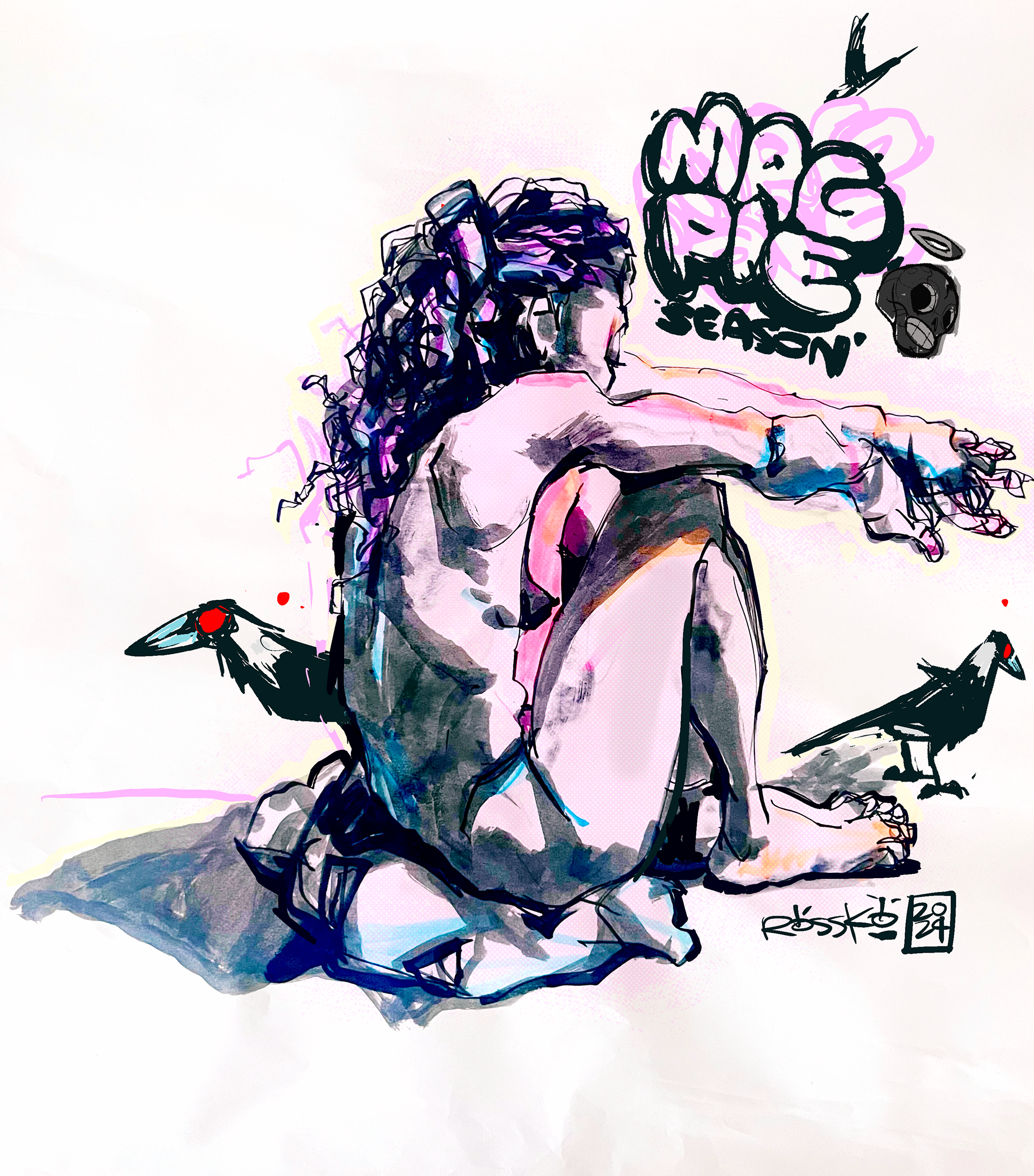 Australian Magpie -Black Ink and Digital - Personal Illustration from my "Australian Creatures" series - 2024