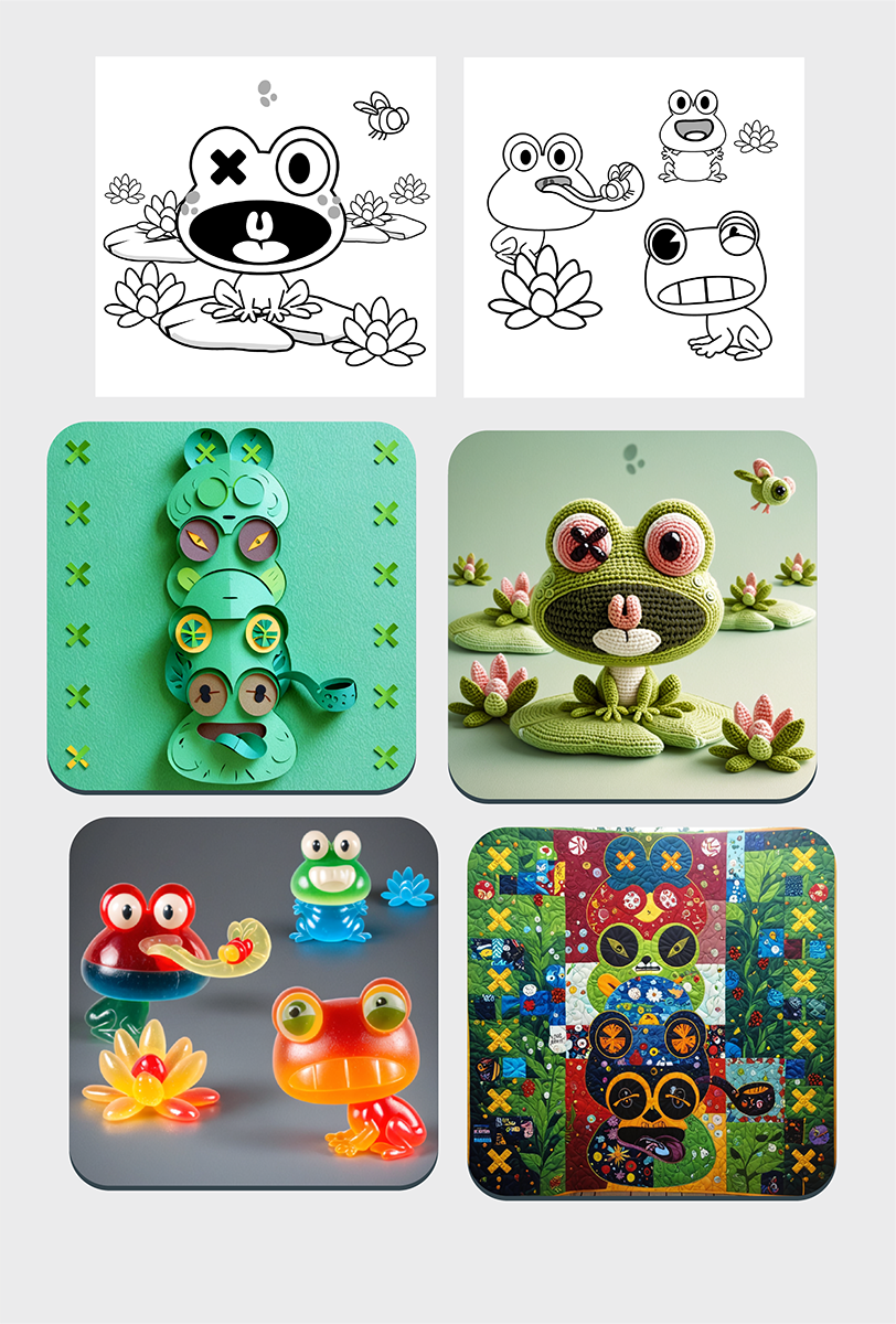 Some example Designs and Gens made from the Frog stencil sheets