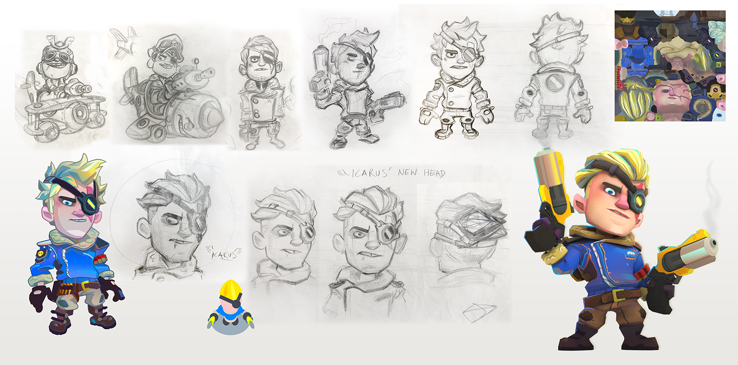 Character Design process - From initial sketches to final design illustration, turnarounds to modelling and texturing