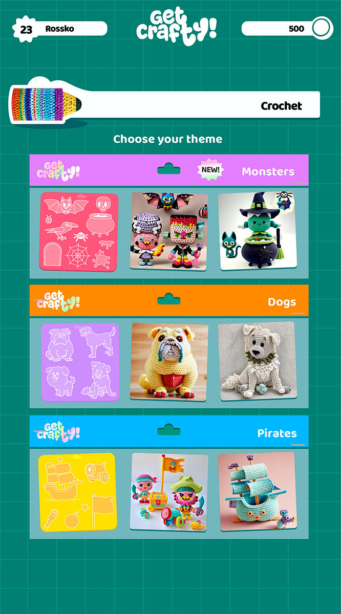 UI concept presenting theme categories for the chosen craft