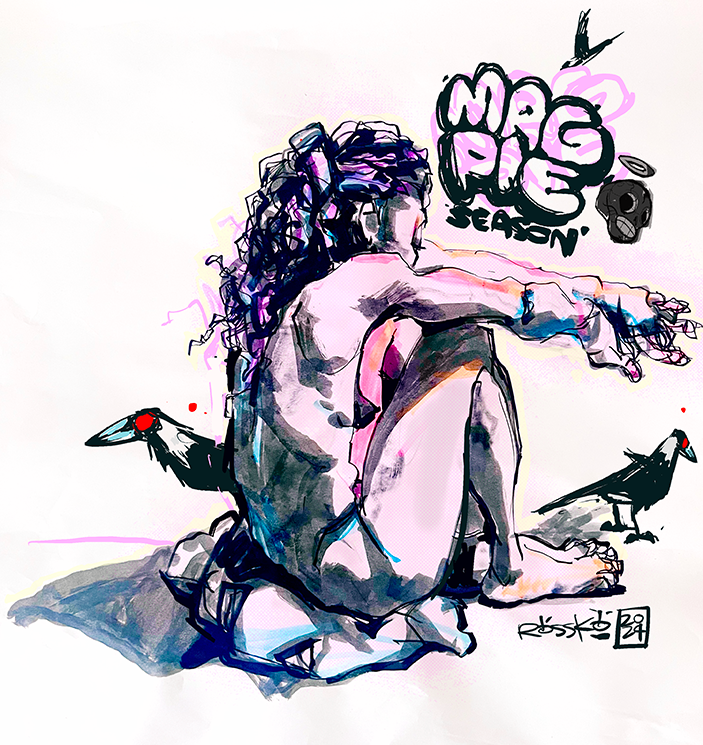 Australian Magpie- Black Ink, Highlighters and Digital - Personal Illustration from my "Australian Creatures" series - 2024