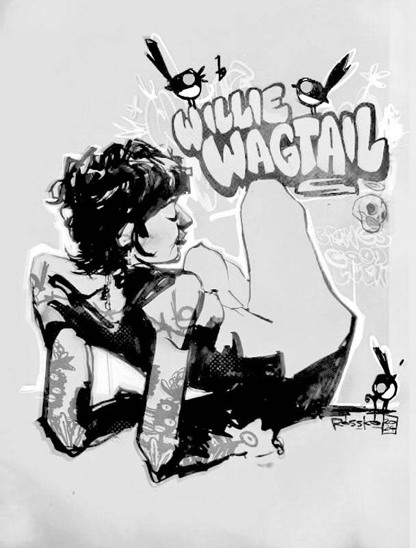 Willie Wagtail alt colour- Black Ink and Digital - Personal Illustration from my "Australian Creatures" series - 2024