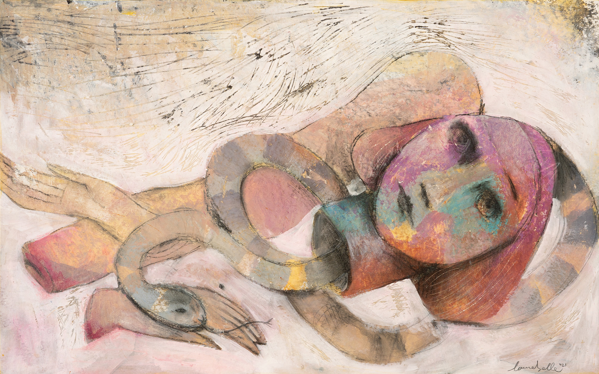 ROSA E I SERPENTI  acrilico e pigmento su carta applicata su tavola 100x70 cm