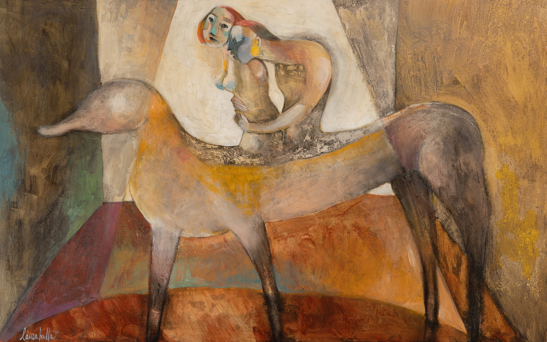 (collezione privata) COPPIA A CAVALLO acrilico e pigmento  carta applicata su tavola 100x80 cm,  con cornice