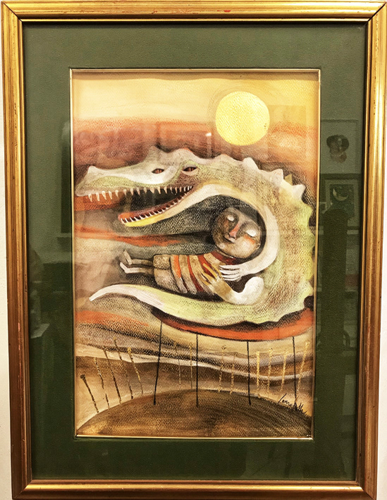 FRANCESCO E IL COCCODRILLO acrilico matite e foglia oro su carta, con cornice 390euro