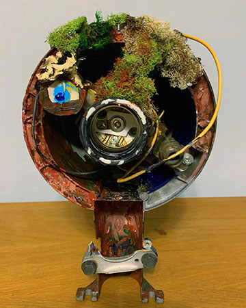 Emma Anderson, "Viral", Found Machinery, Artificial Plant Materials & Acrylic Paint, 3.5" x 3" x 11"