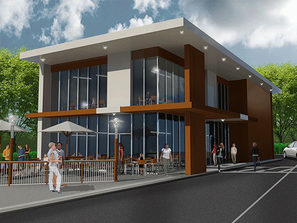 Jody Amsden, "Two Story Fast Casual Restaurant", digital-Sketch-up / 3dsMax, 24" x 36"