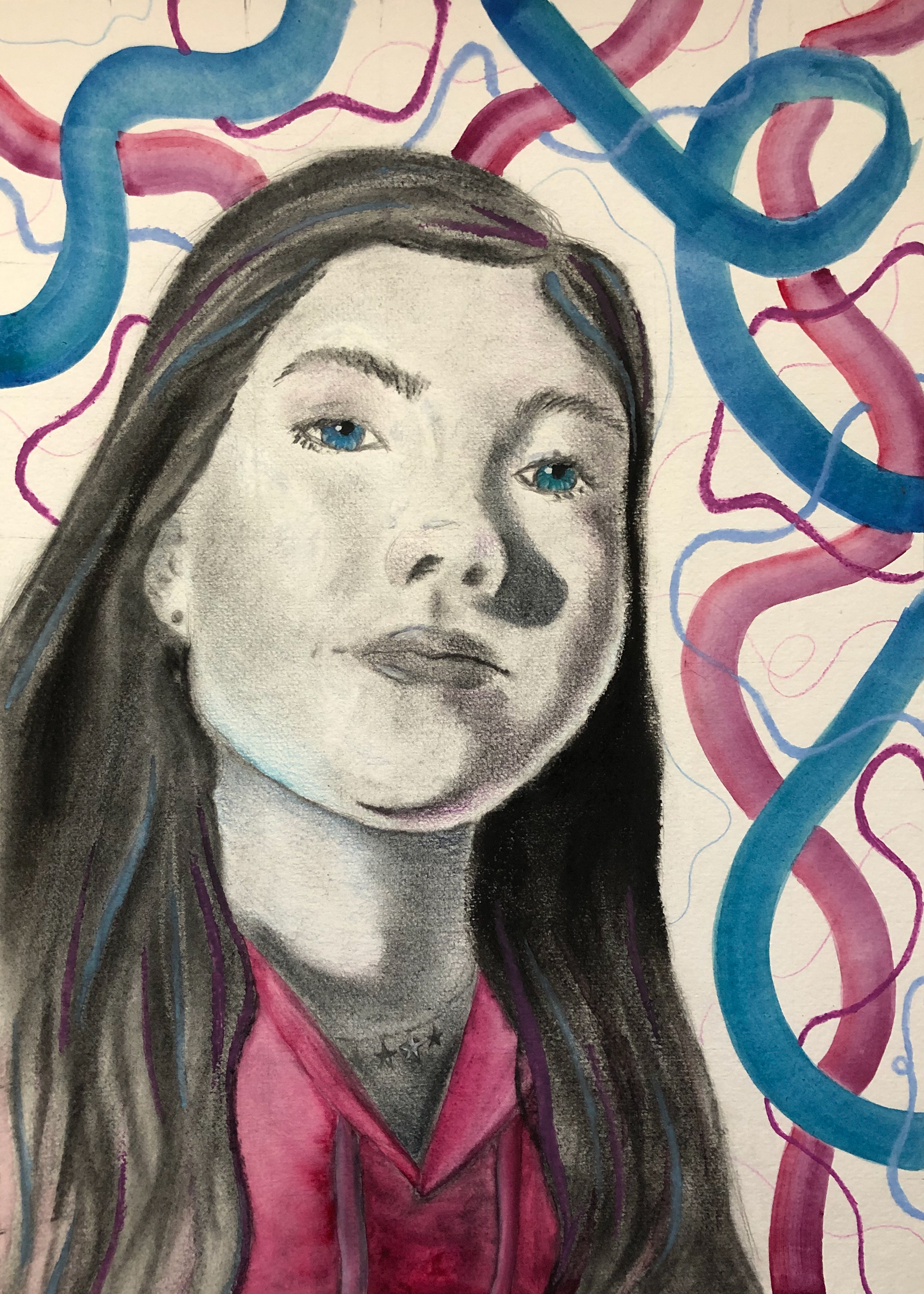 Katrina Boyce "Pretty in Pink" Charcoal and watercolor, Narrative Self Portraits