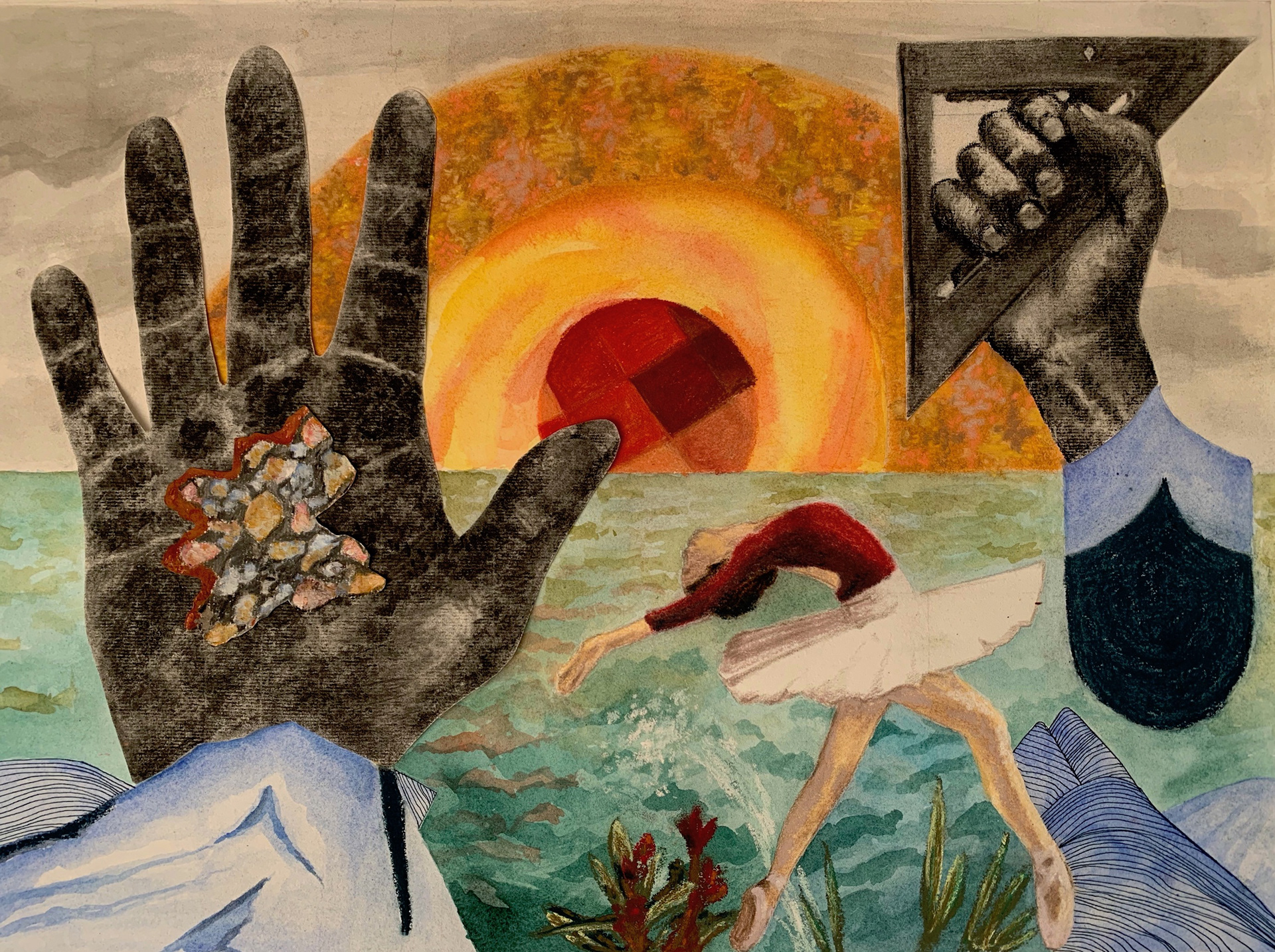 Caitlin Hunter, "Fragments", Mixed media collage (charcoal, pastel, watercolor) 22 x 16", Mixed Media Observational Drawing Class