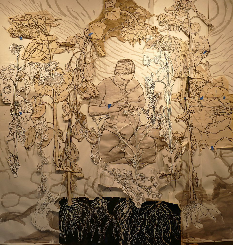 Anna Chapman, "Ancestral Intra-Actions", Collage of ink and acrylic drawings on paper. Approx. 10 ft. by 11 ft.