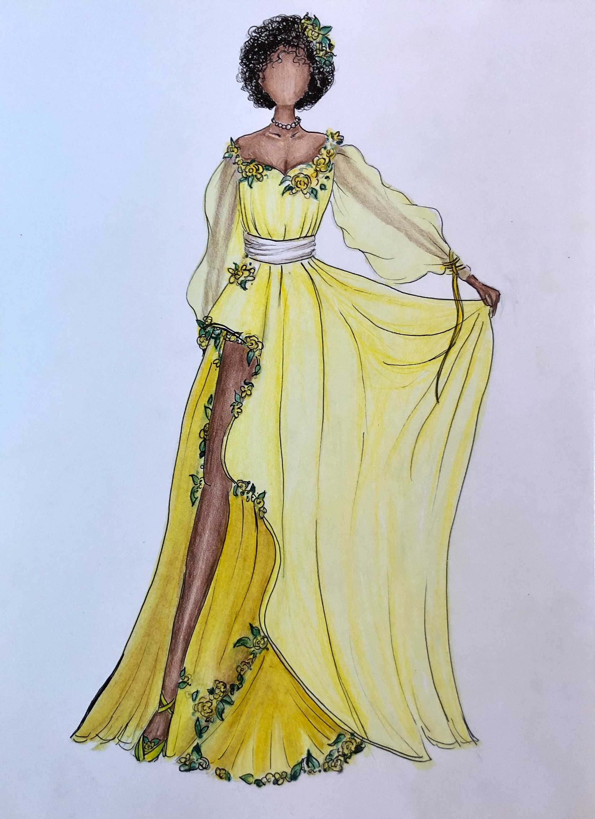 Zoe Stiefel, "Yellow Floral Dress", Drawing, Fashion Figure Drawing