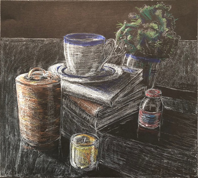 Daniel Anthony "Graphic Still Life" Colored Pencil on black paper, Portfolio Preparation: Observational Drawing Class