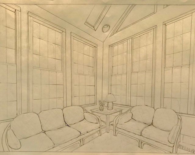Daniel Anthony "Line Drawing of Sunroom" Graphite, Portfolio Preparation: Observational Drawing Class