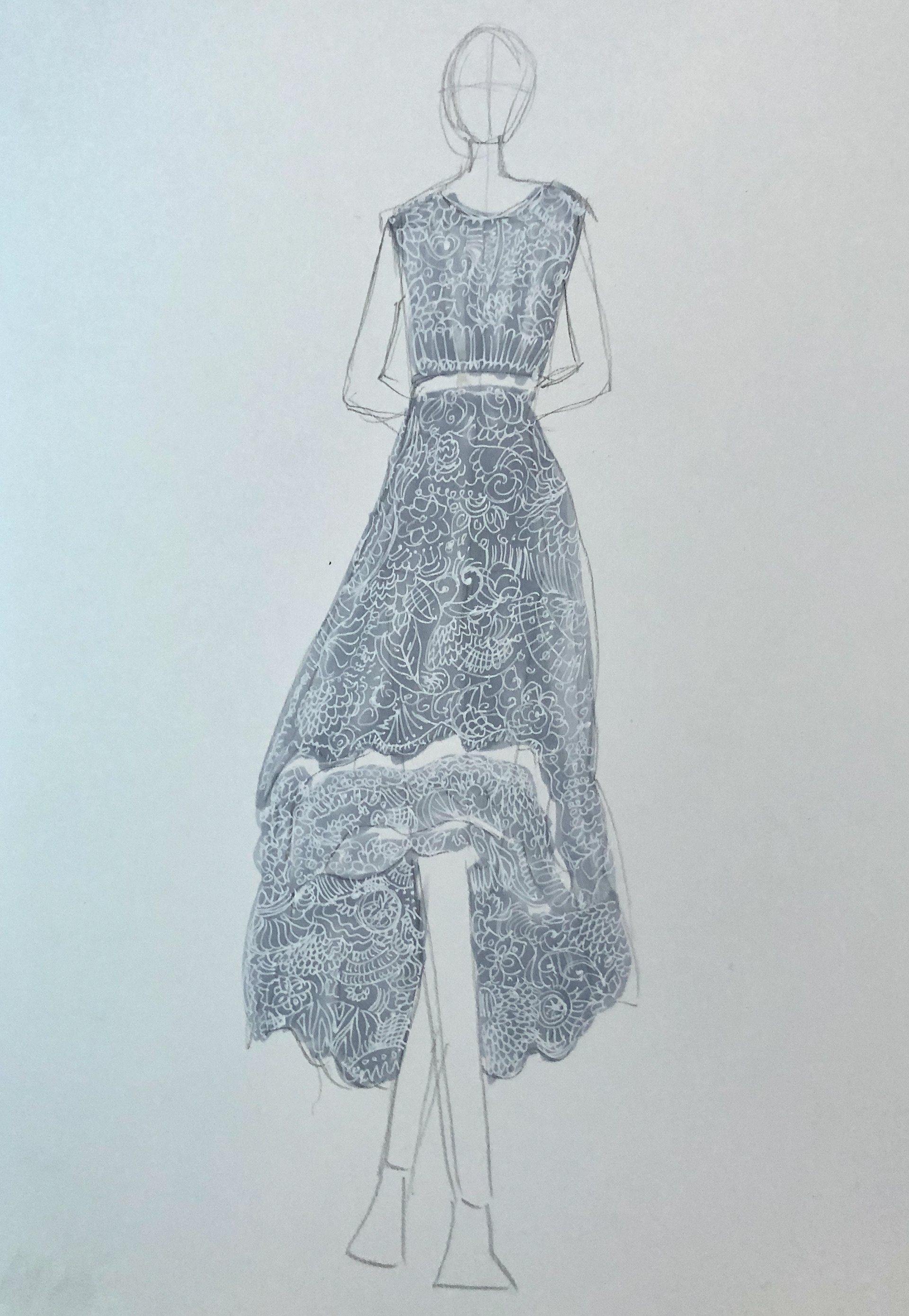 Zoe Stiefel, "Lace Ruffled Dress", Drawing, Fashion Figure Drawing