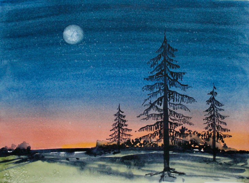 Terry Clark, "Here Comes the Night", Watercolor paint on paper, 9" x 12"
