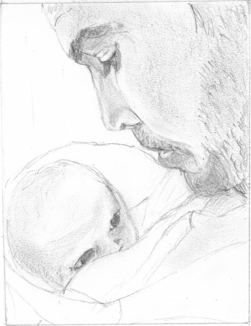 Helen Liggett, "Baby Ben and Papa Brian" 4.4 x 5.7", Graphite on paper, Hidden Anatomy of the Head, Hands, and Feet Class