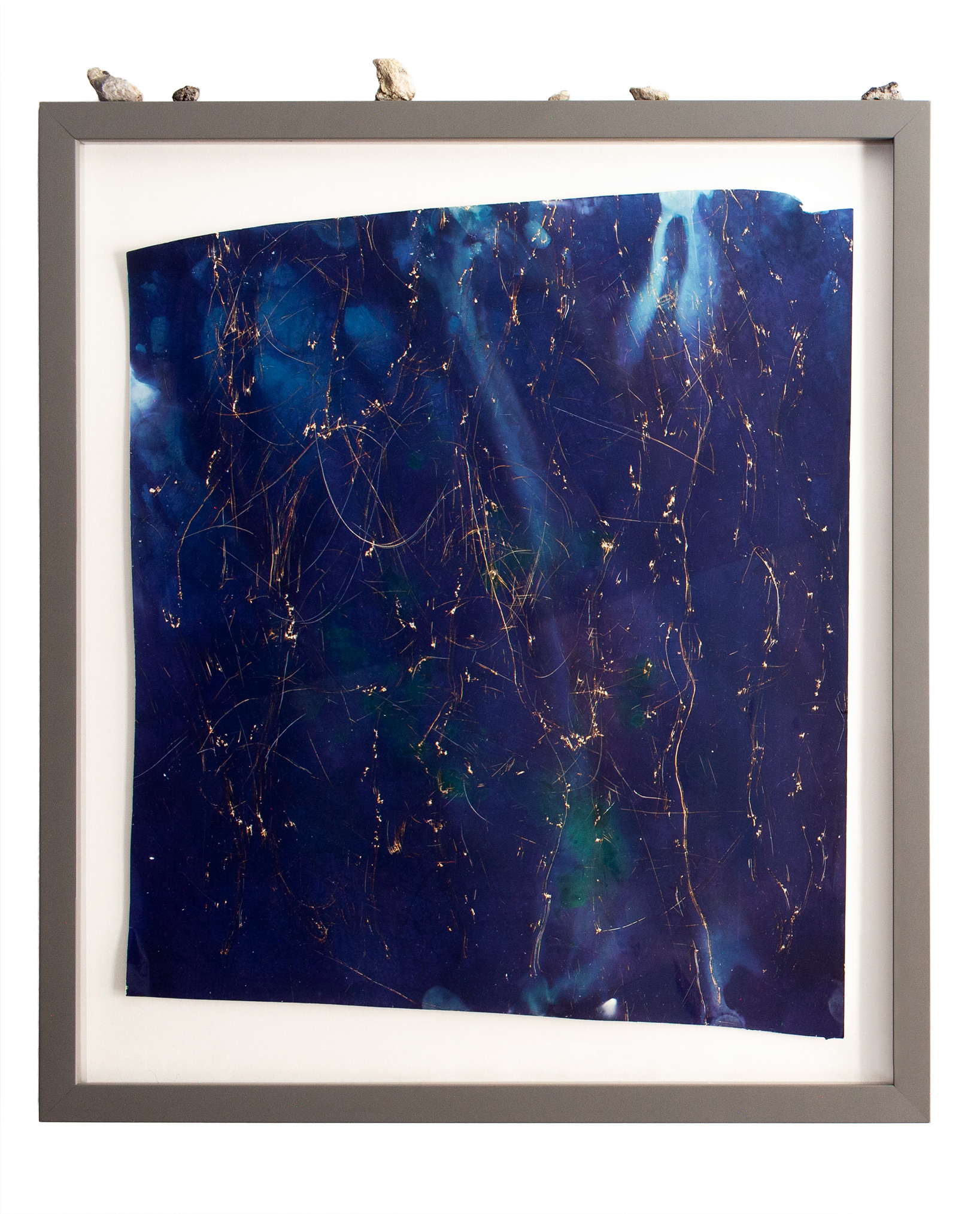 Nathan Florsheim, "4810 Bridge Ave #2", Chromogenic Rubbing, Wooden Frame, Rocks from site, 14x17", 2020