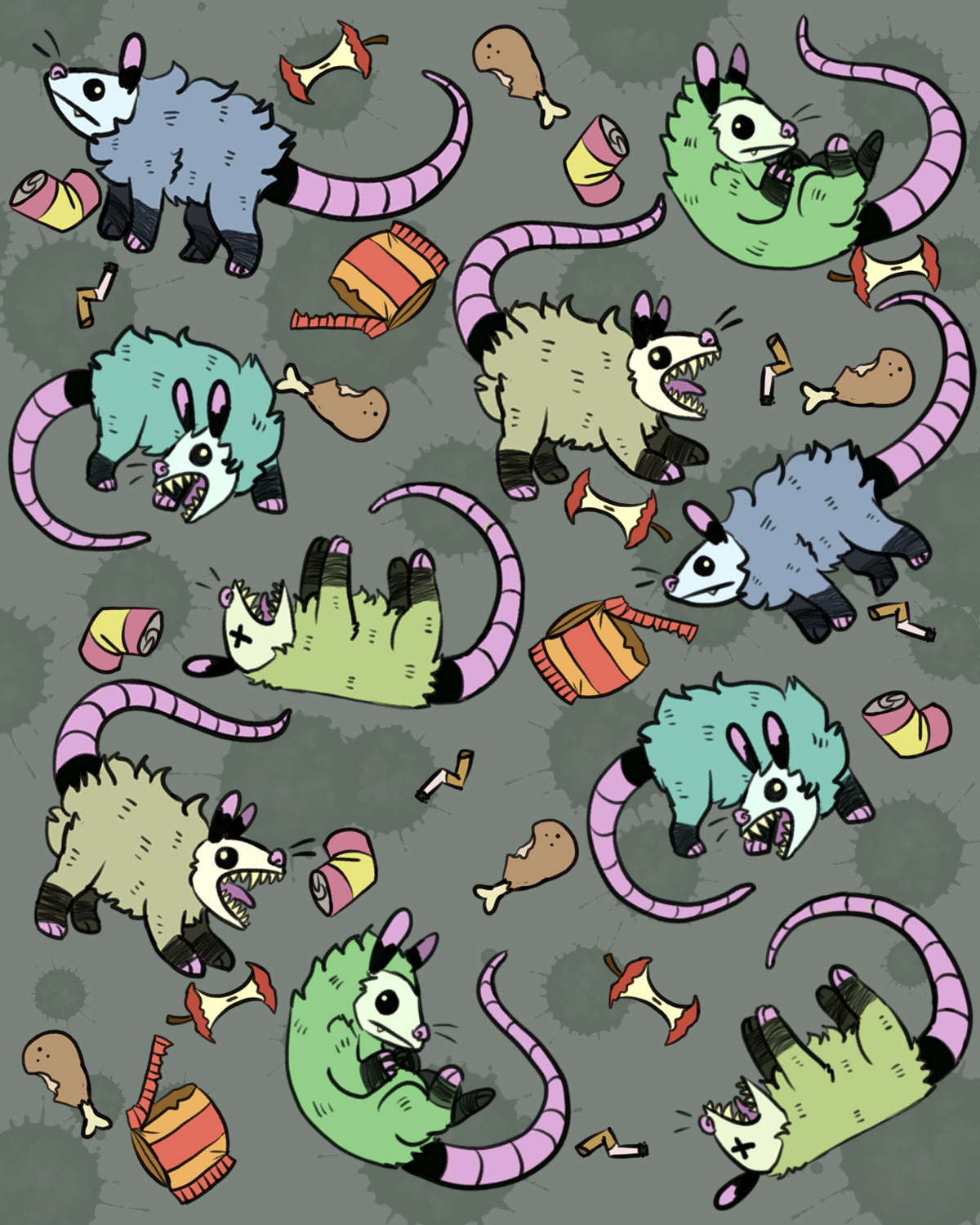 Julia Camino "Opossums and Their Humble Trash (Pattern)" Digital Art, Narrative Illustration and Visual Storytelling class
