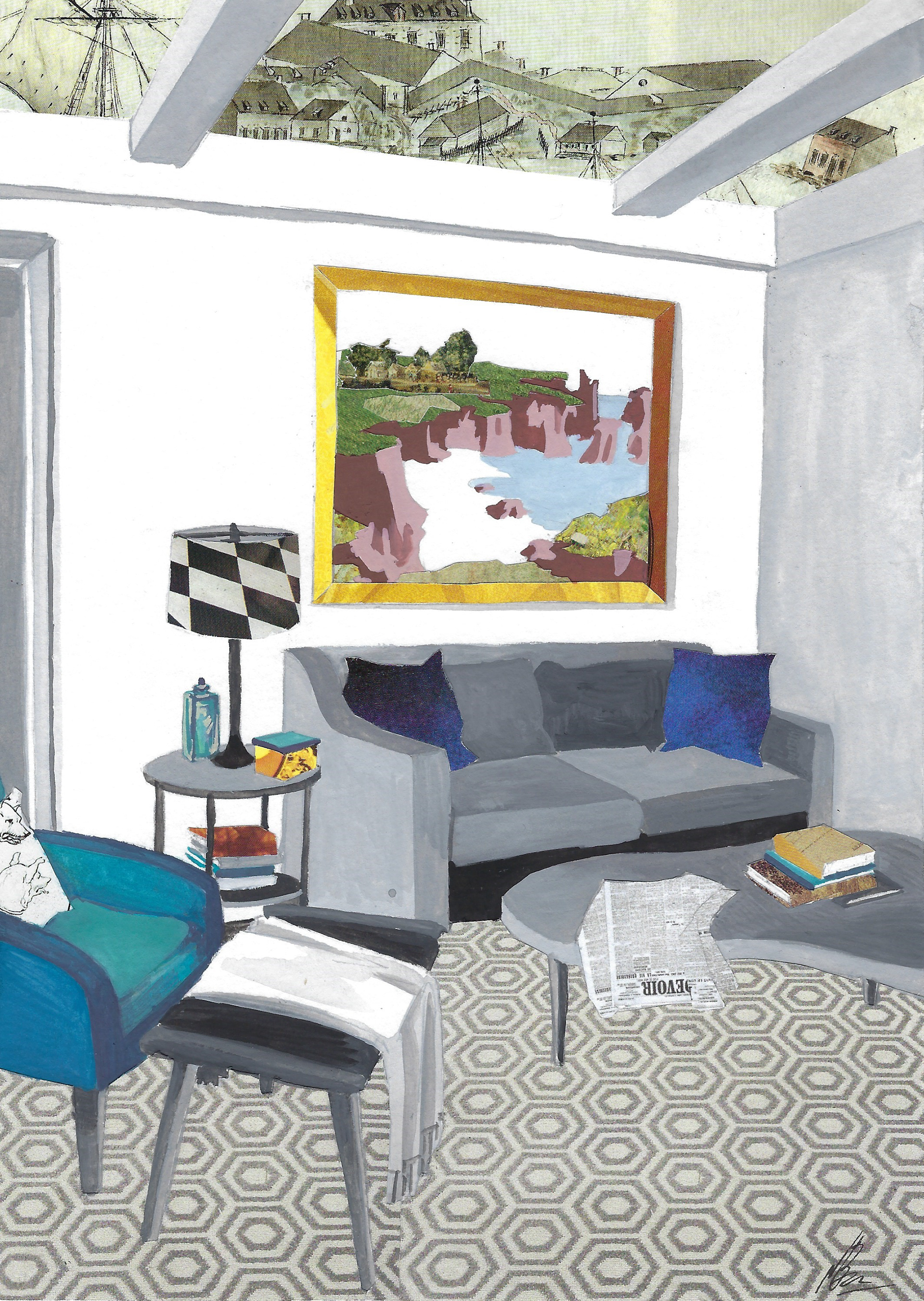 Naomi Brown "Mid-Century Apartment" Collage and gouache painting, Make it Pop, Make it Zag, Make it Float class