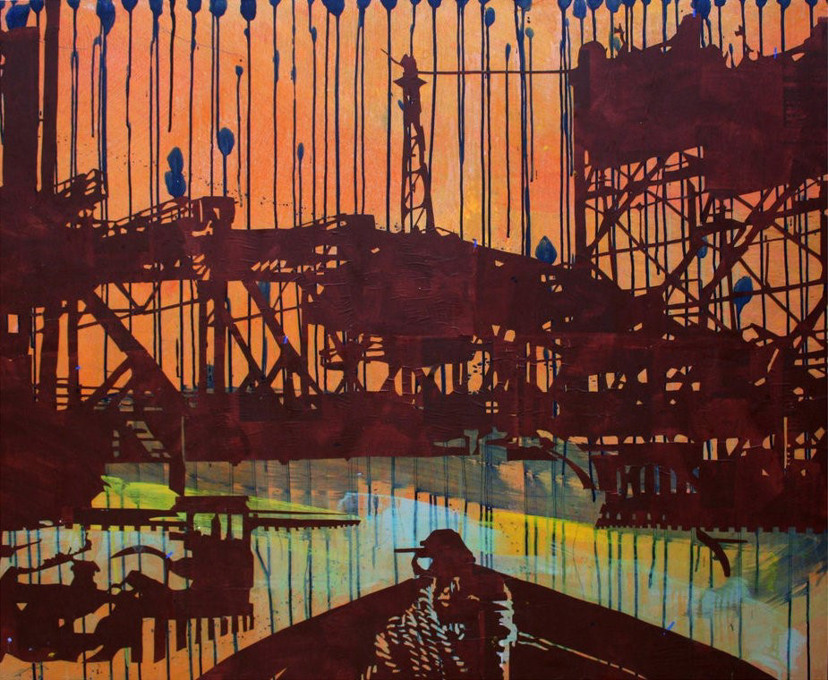 Anna Chapman, "The Cuyahoga" Mixed media on wooden panel. 4 ft by 3 ft