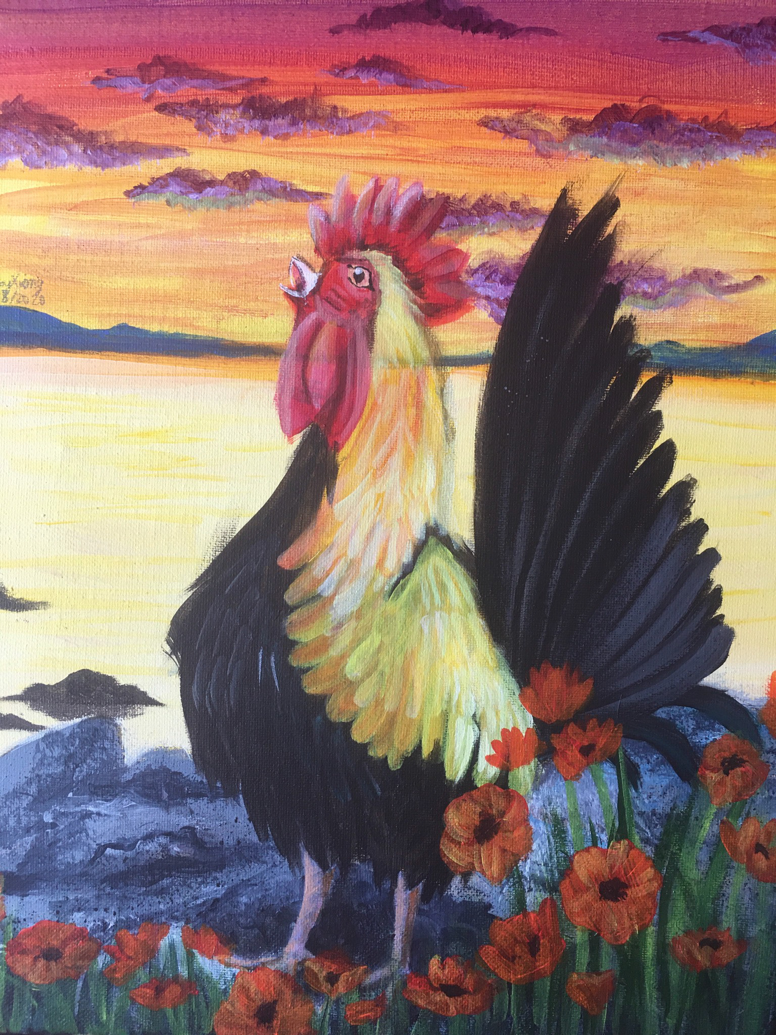 Abby Xiong "Rooster at Sunset" Painting, Intermediate Painting Class