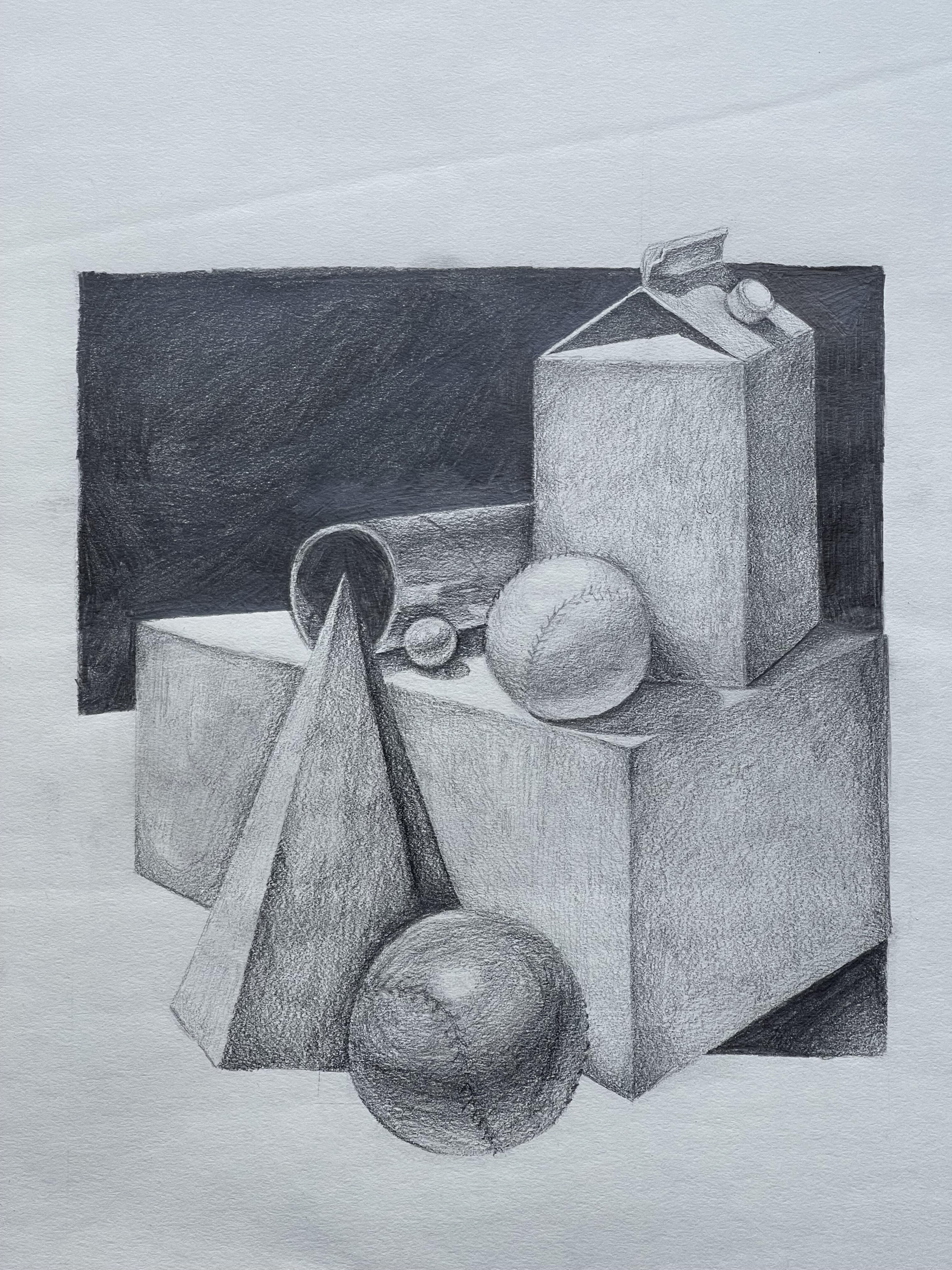 Jasmine Neumann, "Still Life of Geometric Shapes", Graphite, Portfolio Preparation