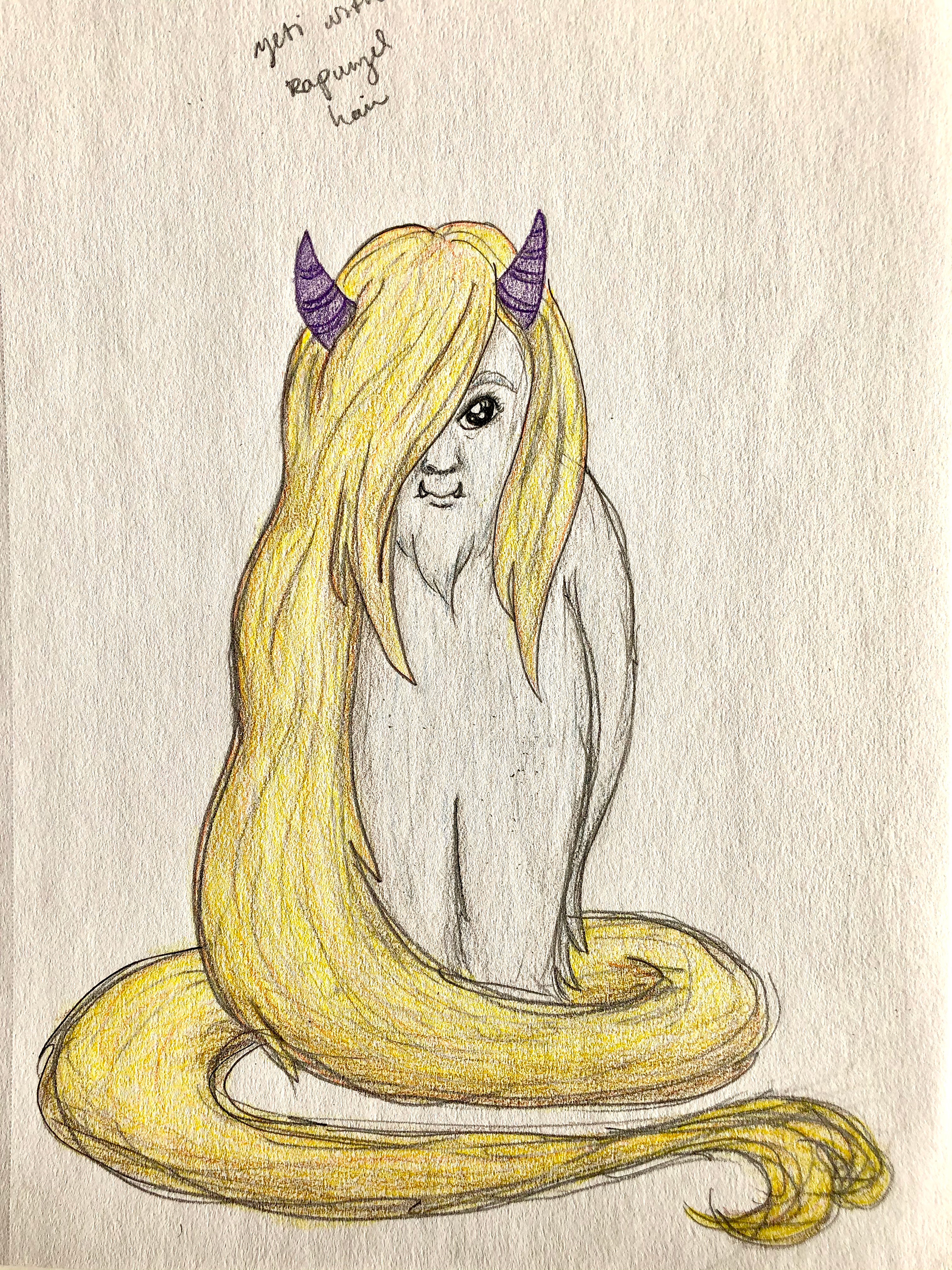 Carys Bowen, "Yeti with Rapunzel Hair", Colored Pencil on Paper, Character Illustration