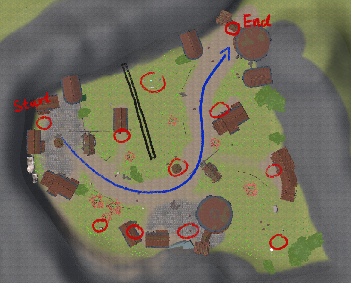 Map of the valley with markings for POIs and the player path
