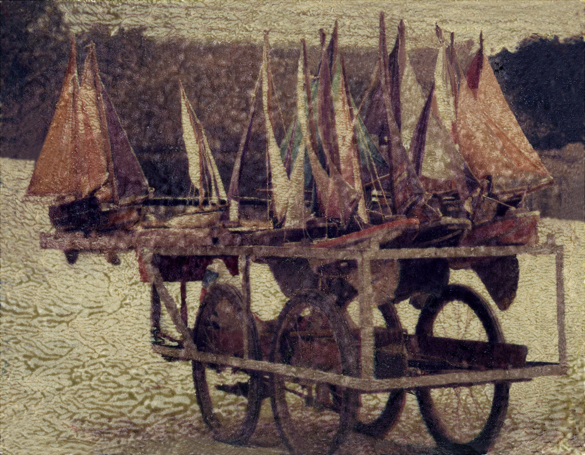 Polaroid transfer of model boats arranged on a street cart.