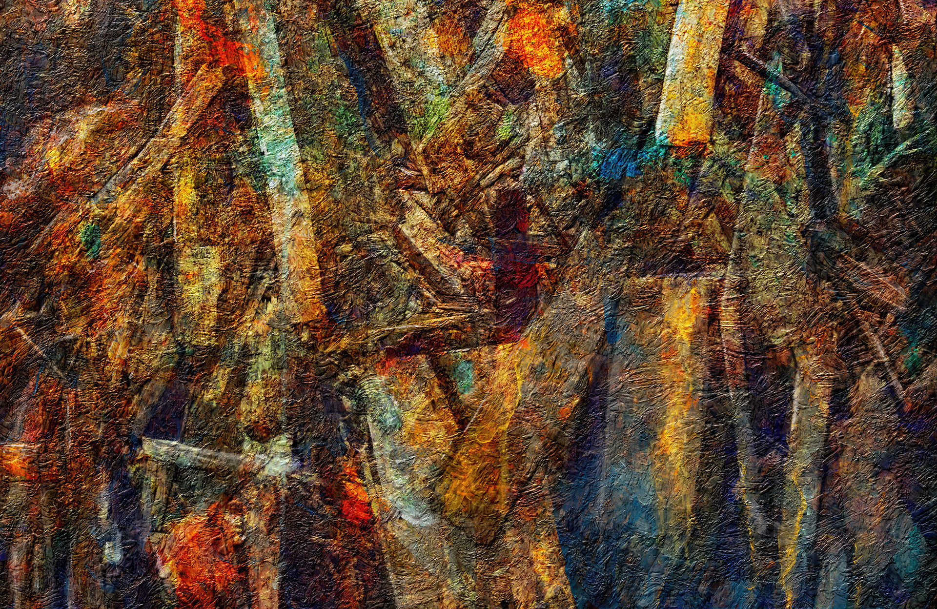 A vibrant composition features an abstract arrangement of earthy tones and dynamic lines, evoking a sense of movement and complexity. Rich hues of orange, blue, and green intertwine, creating a lively and textured visual experience.