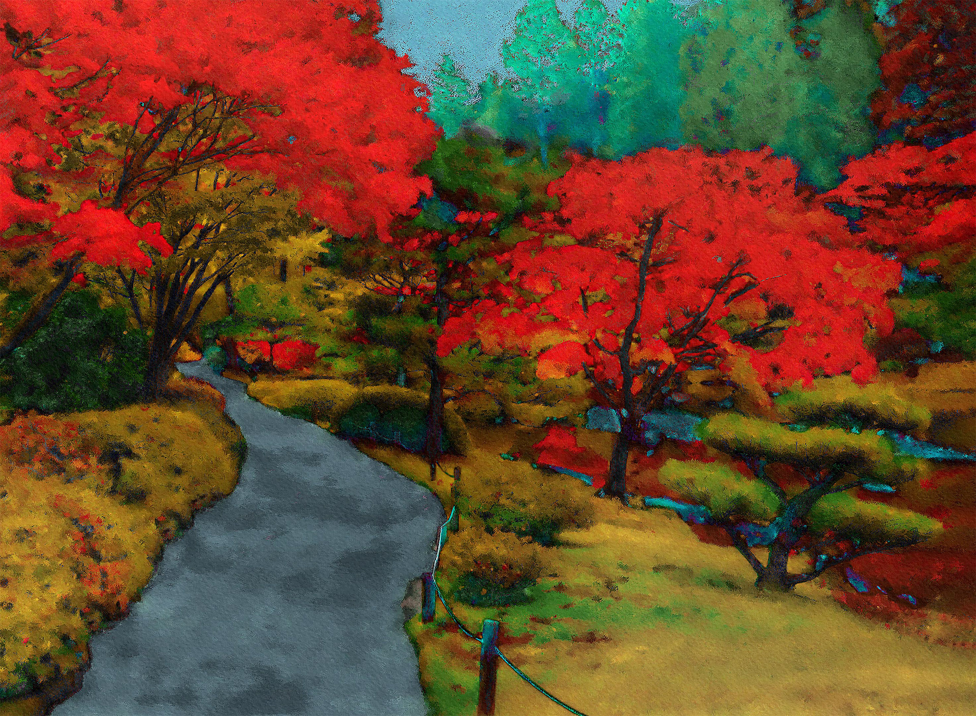 Digital pastel drawing of a Japanese garden pathway and brightly colored maple trees in the autumn.