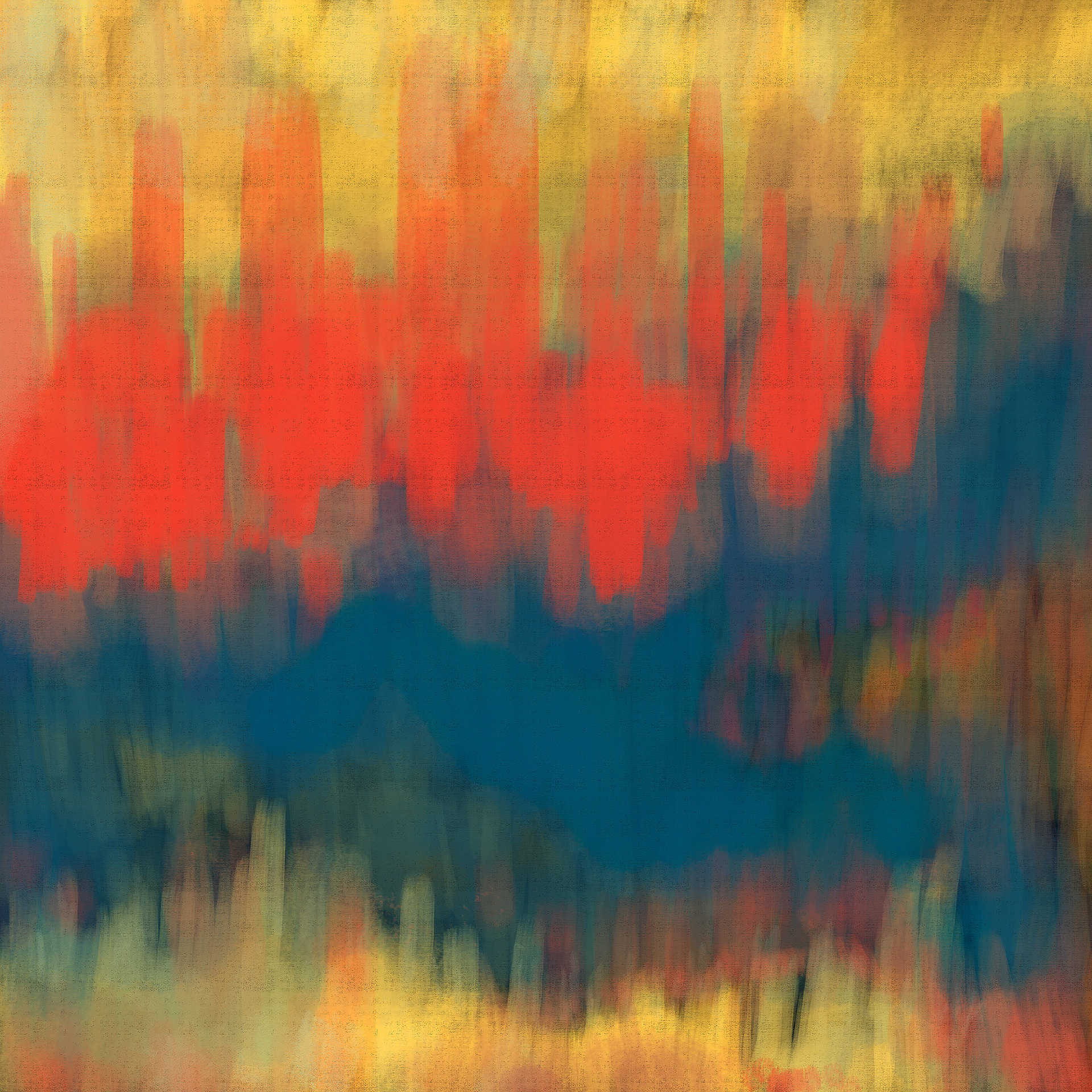 Abstract oil painting of brightly colored orange, blue, green and yellow vertical brush strokes.