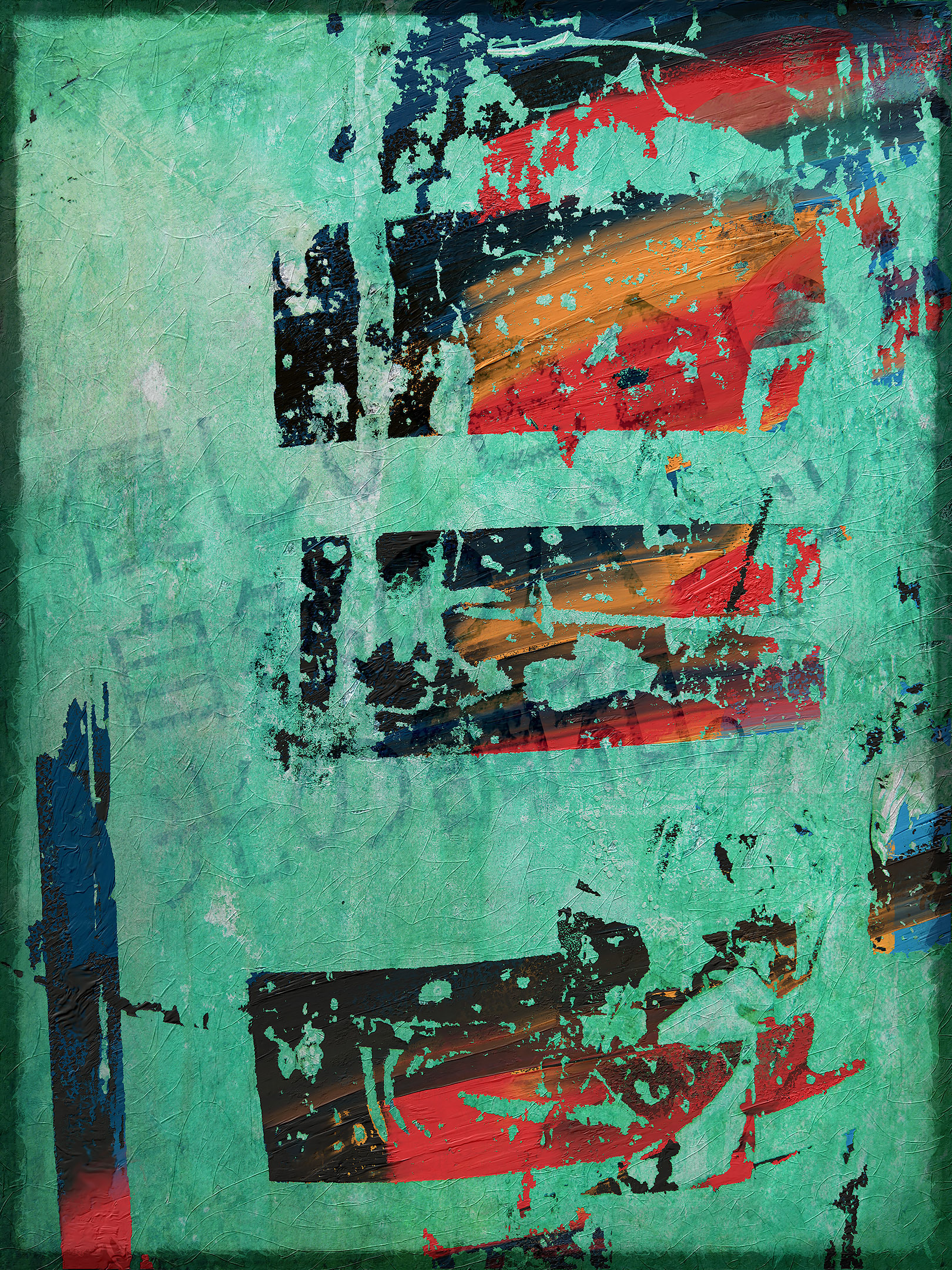 Abstract patterns with vibrant splashes of red, orange, and blue contrast against a textured green background. Rough, uneven patches create a sense of depth and movement across the surface.
