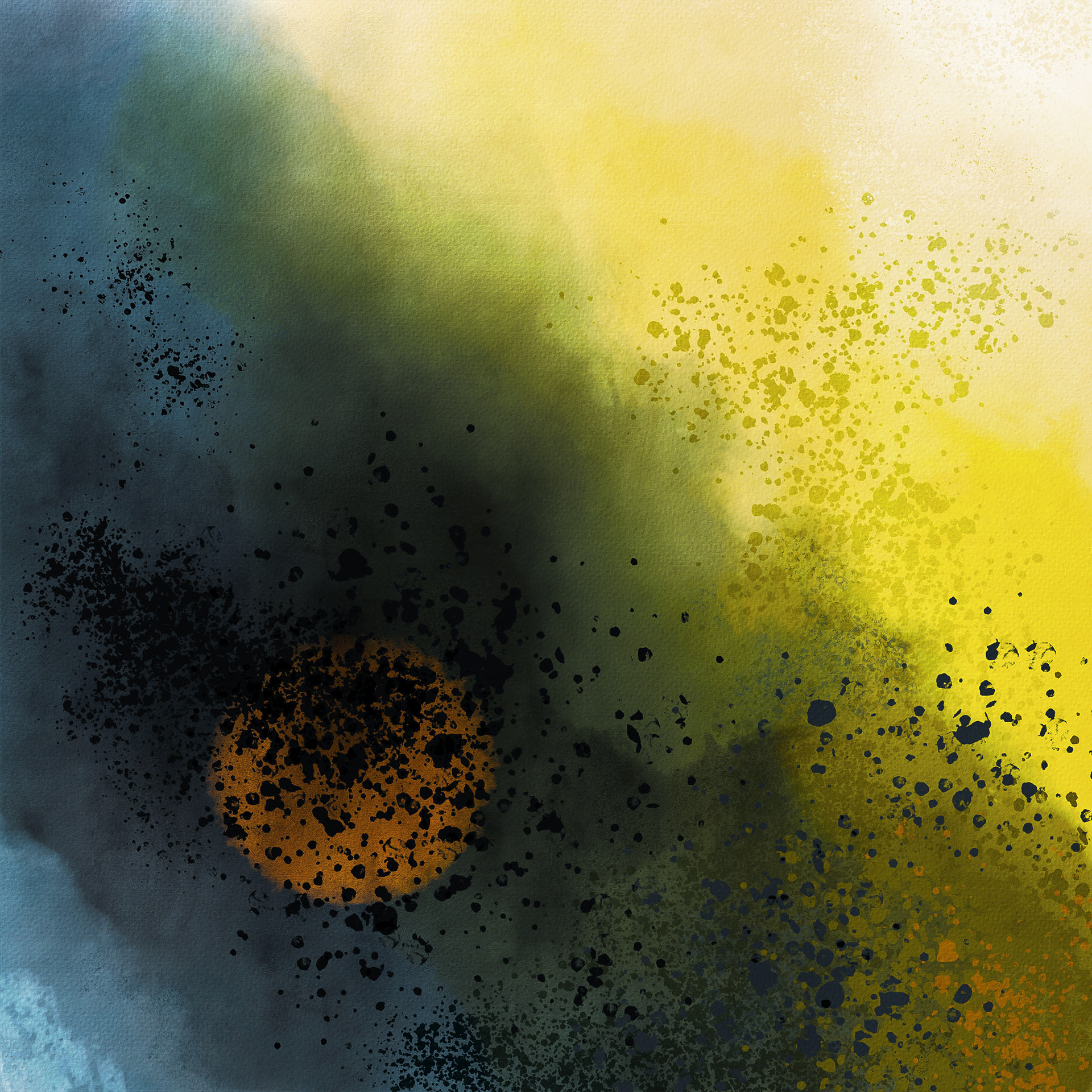Abstract watercolor painting with blue, green, orange, red paint splatter.