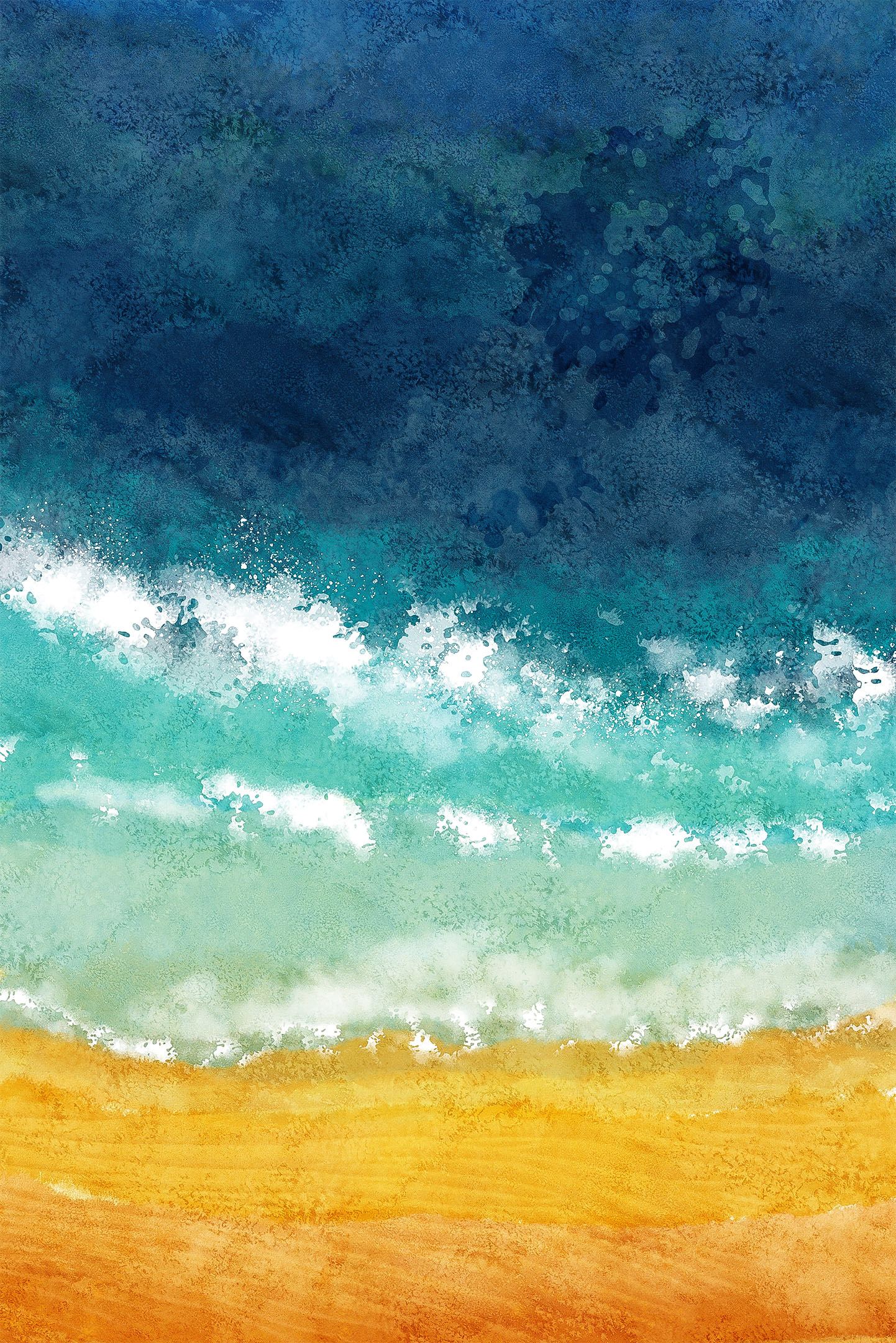 Abstract digital watercolor painting of sandy beach and incoming surf.