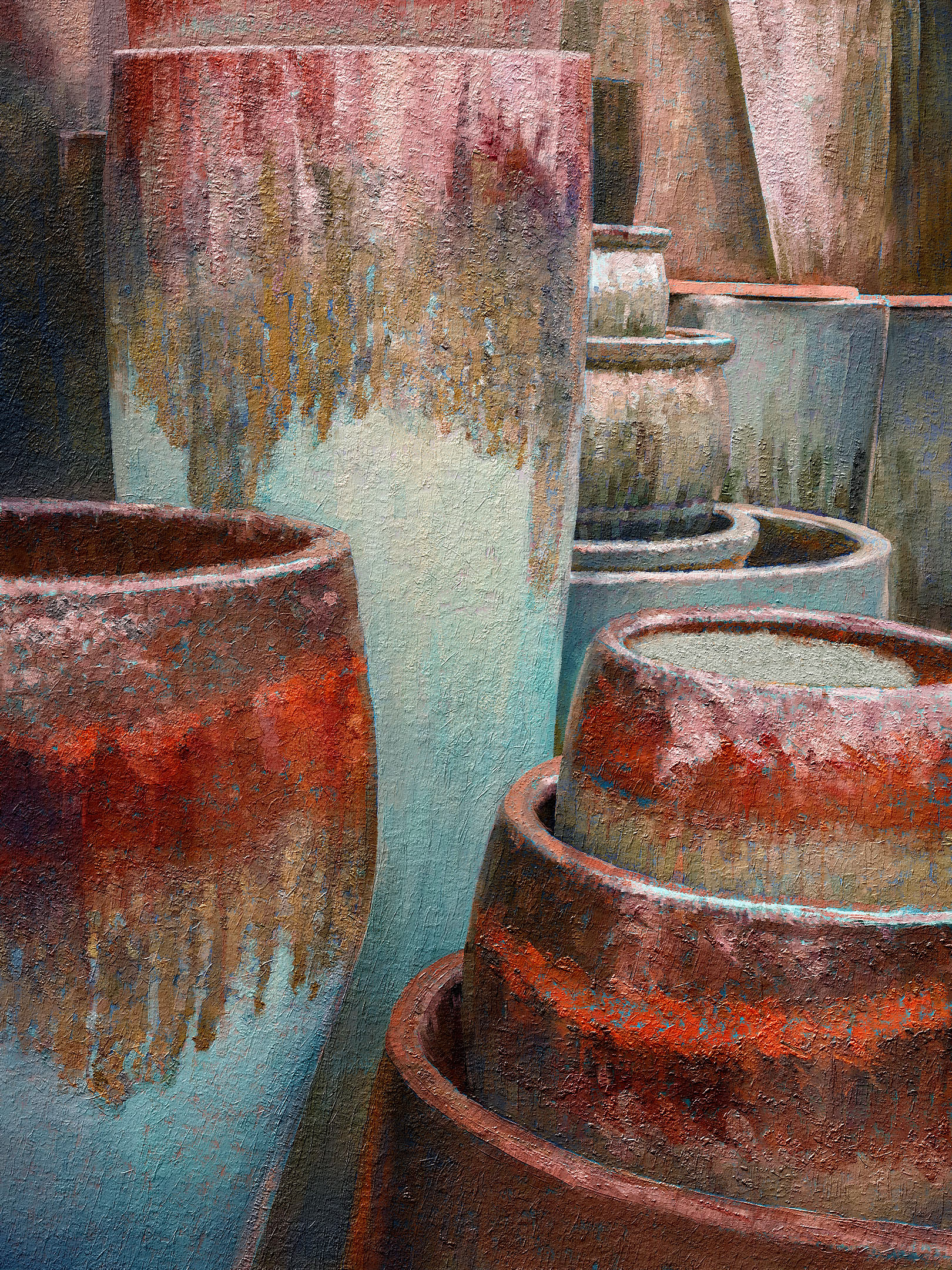 Digital oil painting of brightly colored, heavily textured ceramic garden pots